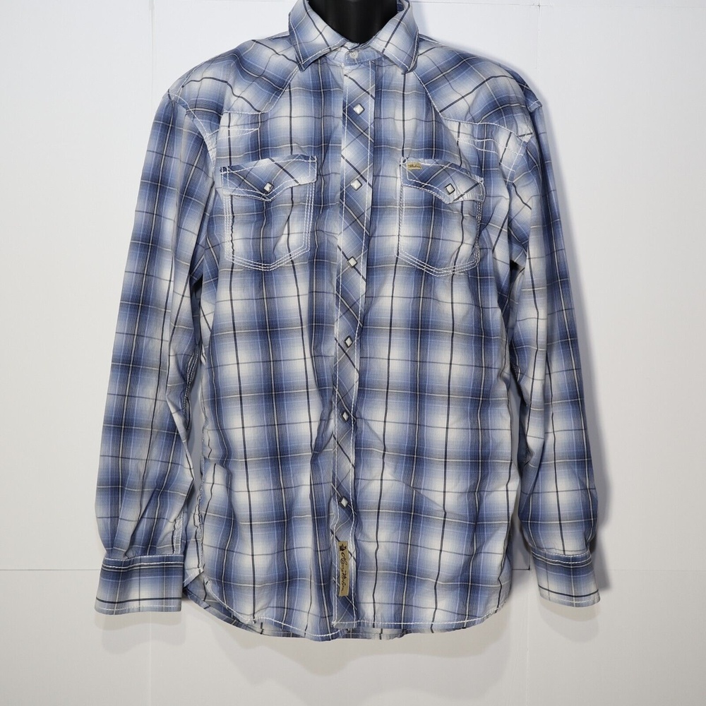 Larry Mahan Cowboy Collection Mens Size XL Blue White Plaid Snap Up Long Sleeve